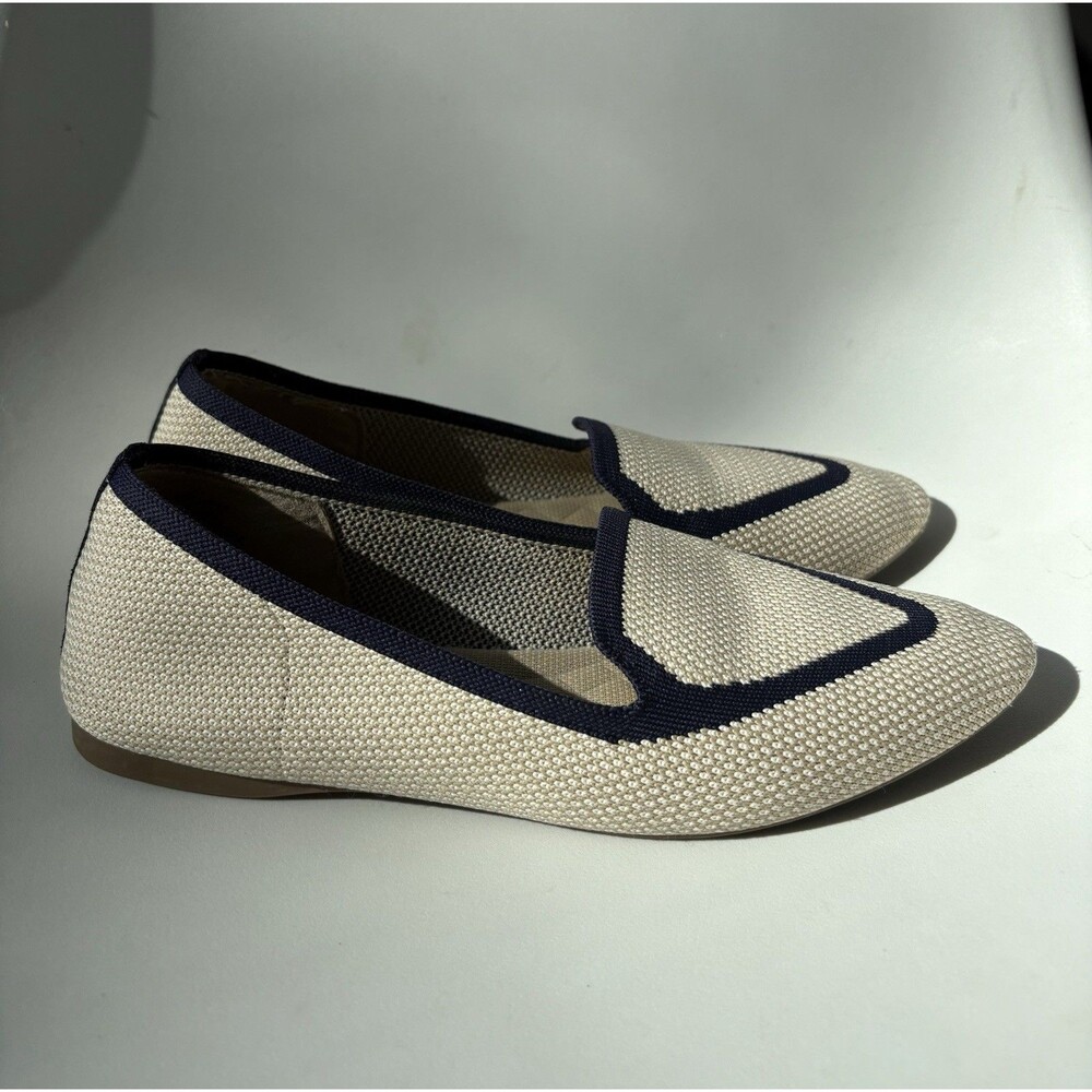 Birdies Blackbird Eggshell & Navy Flats Knit Woven Slip-ons Preppy Size 7.5